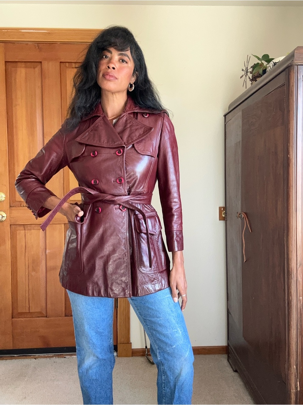 Etienne Aigner Burgundy Leather Double-Breasted Trench Coat
